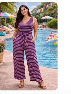 a.n.a Purple Striped V-Neck Wide-Leg Jumpsuit with Tie Waist